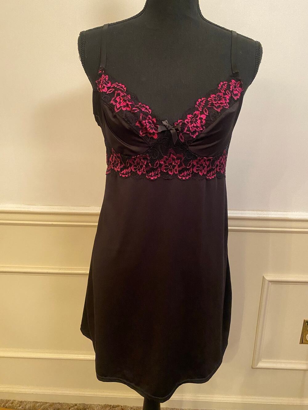 Black Chemise Nightgown Slip Dress with Pink Lace Trim and Bow Y2K